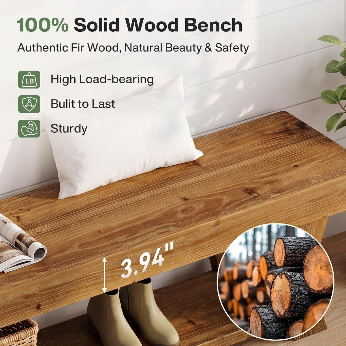 Tribesigns Banc à chaussures de 160 cm en bois massif, Banc d'entrée avec étagère, style maison de campagne