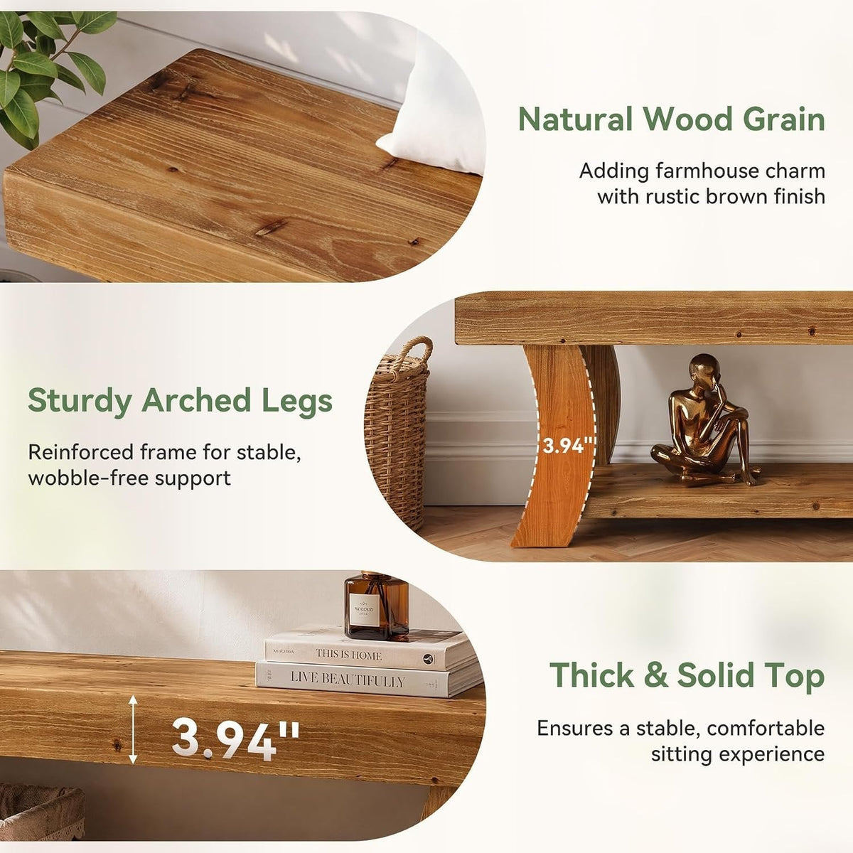 Tribesigns Banc à chaussures de 160 cm en bois massif, Banc d'entrée avec étagère, style maison de campagne