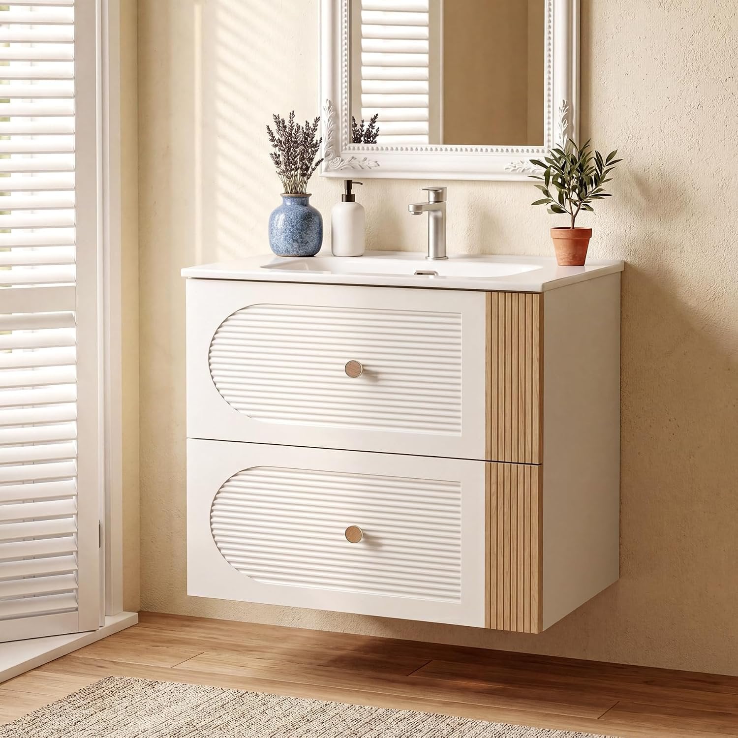 Tribesigns Meuble vasque avec lavabo en céramique 60 cm, Blanc Fixation murale, 2 tiroirs, aspect chêne clair