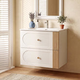 Tribesigns Meuble vasque avec lavabo en céramique 60 cm, Blanc Fixation murale, 2 tiroirs, aspect chêne clair 3