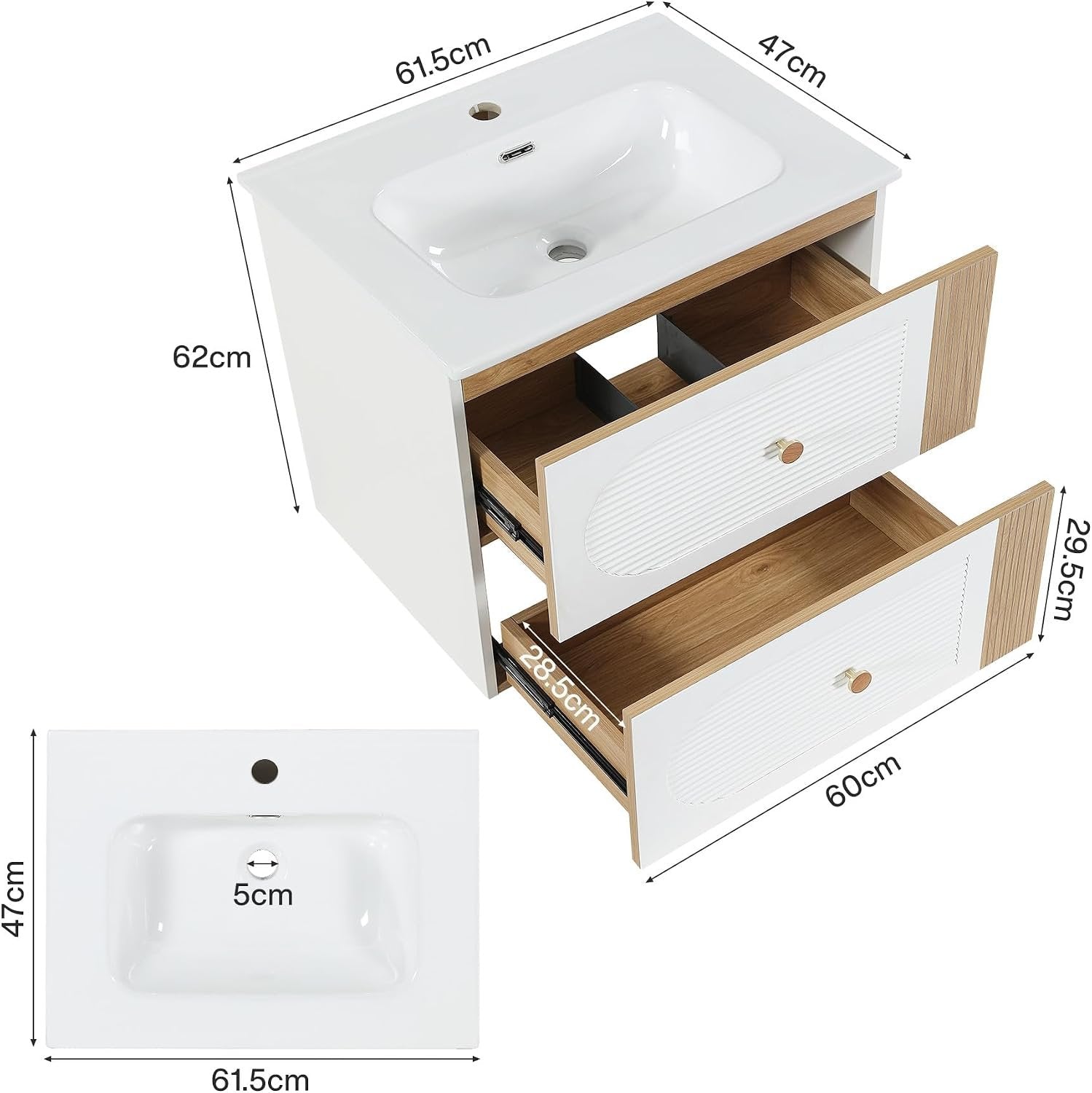 Tribesigns Meuble vasque avec lavabo en céramique 60 cm, Blanc Fixation murale, 2 tiroirs, aspect chêne clair