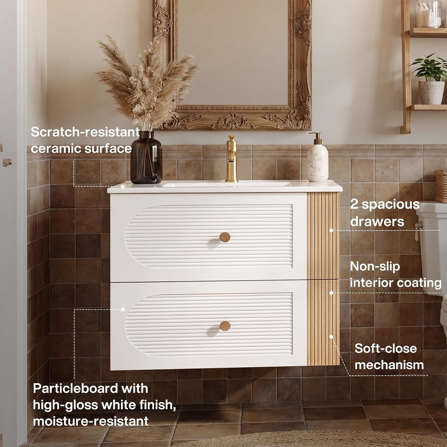 Tribesigns Meuble vasque avec lavabo en céramique 60 cm, Blanc Fixation murale, 2 tiroirs, aspect chêne clair