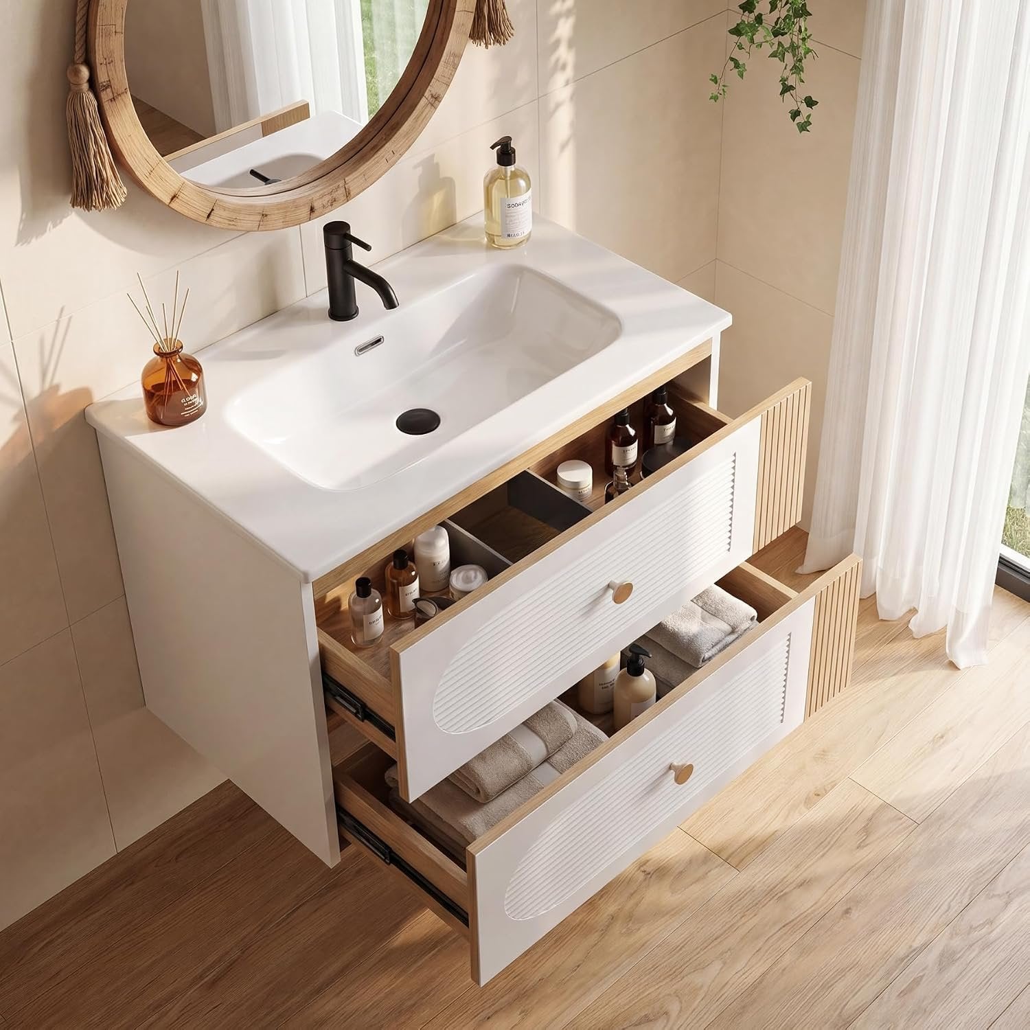 Tribesigns Meuble vasque avec lavabo en céramique 60 cm, Blanc Fixation murale, 2 tiroirs, aspect chêne clair