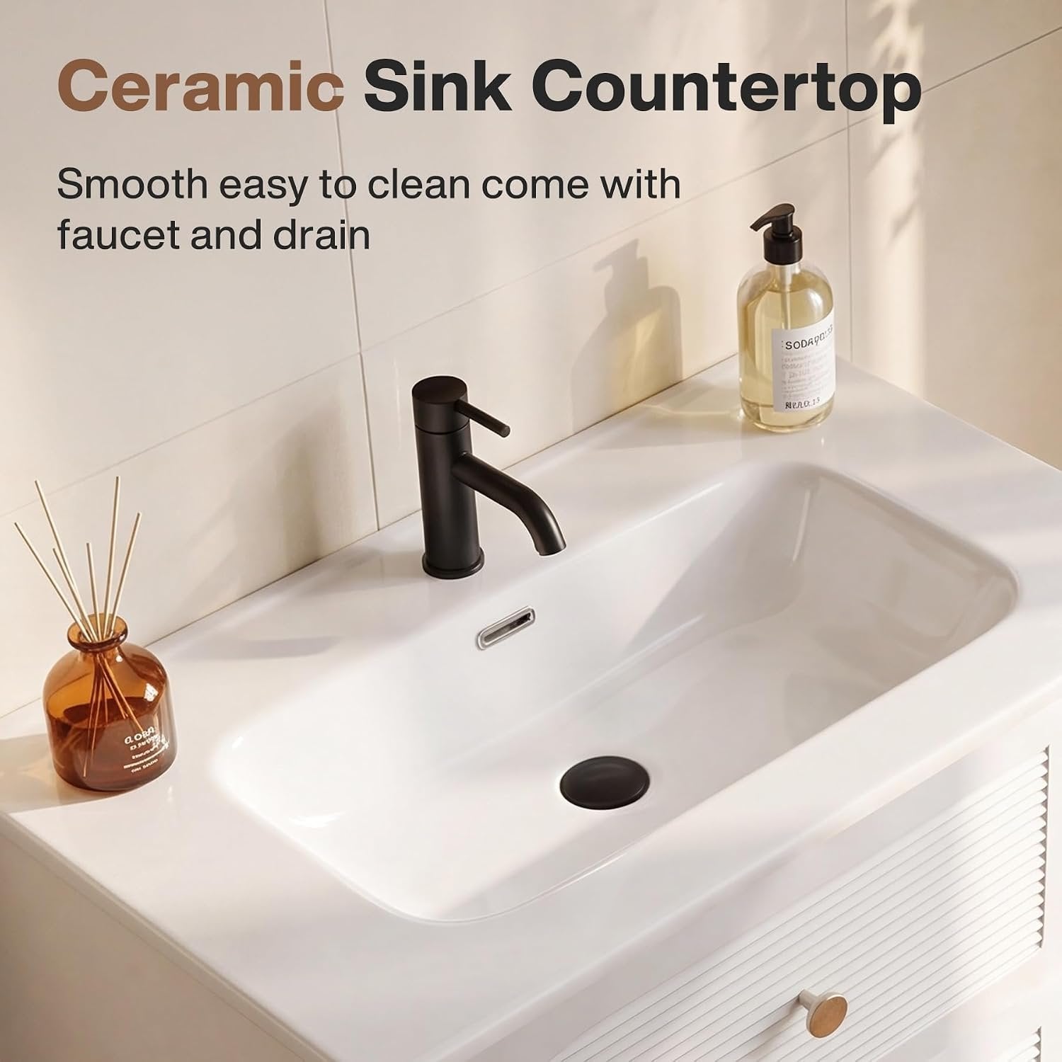 Tribesigns Meuble vasque avec lavabo en céramique 60 cm, Blanc Fixation murale, 2 tiroirs, aspect chêne clair