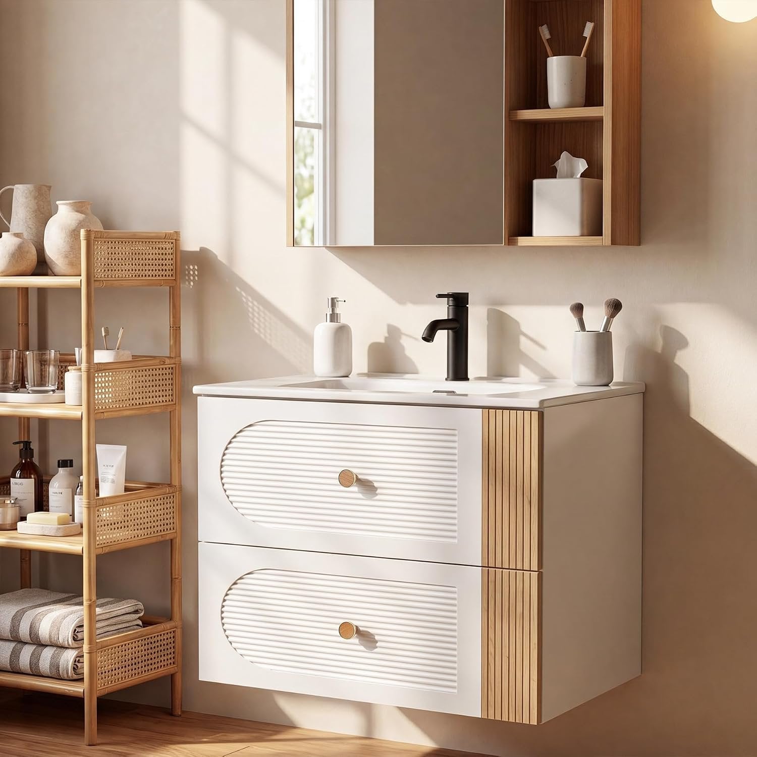 Tribesigns Meuble vasque avec lavabo en céramique 60 cm, Blanc Fixation murale, 2 tiroirs, aspect chêne clair