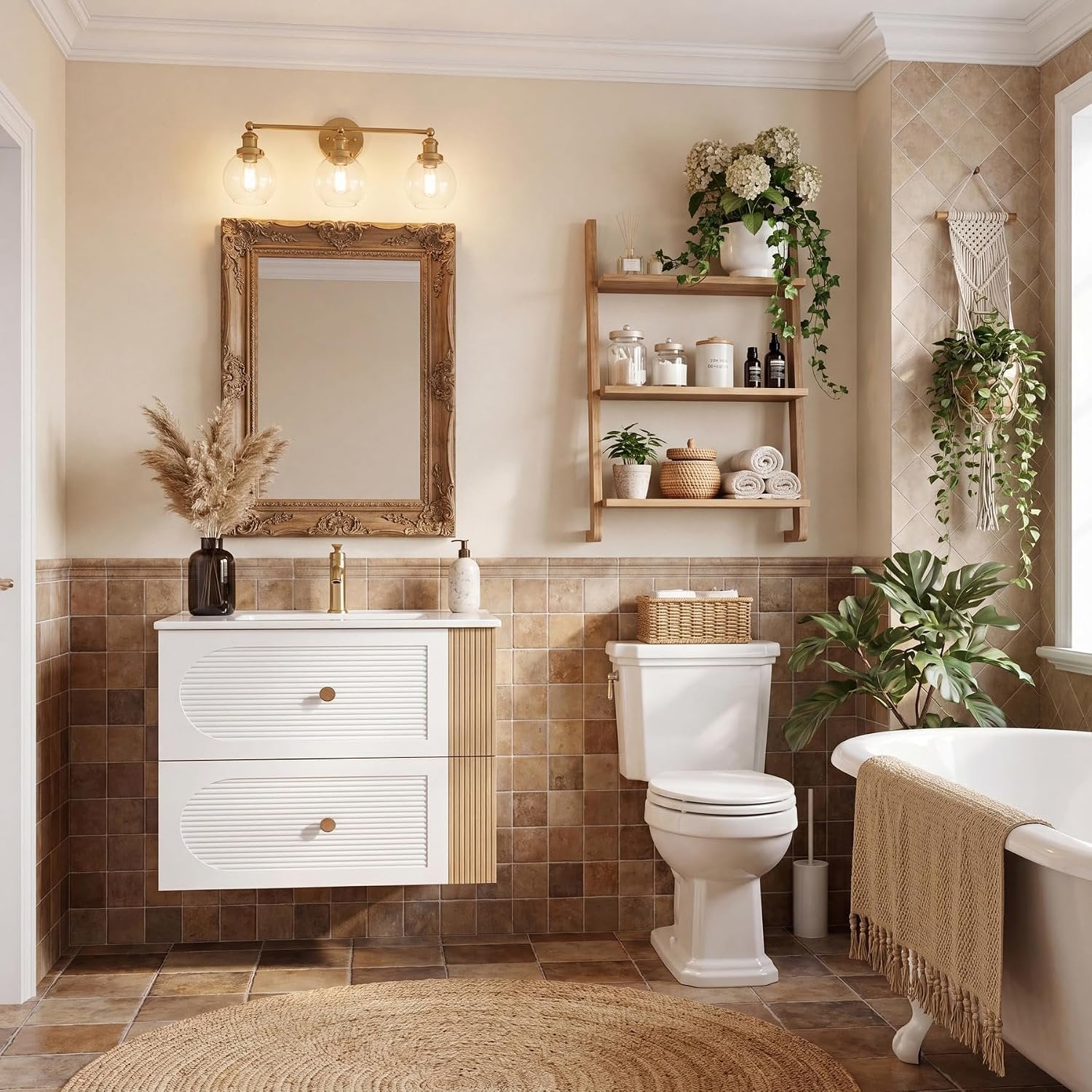 Tribesigns Meuble vasque avec lavabo en céramique 60 cm, Blanc Fixation murale, 2 tiroirs, aspect chêne clair
