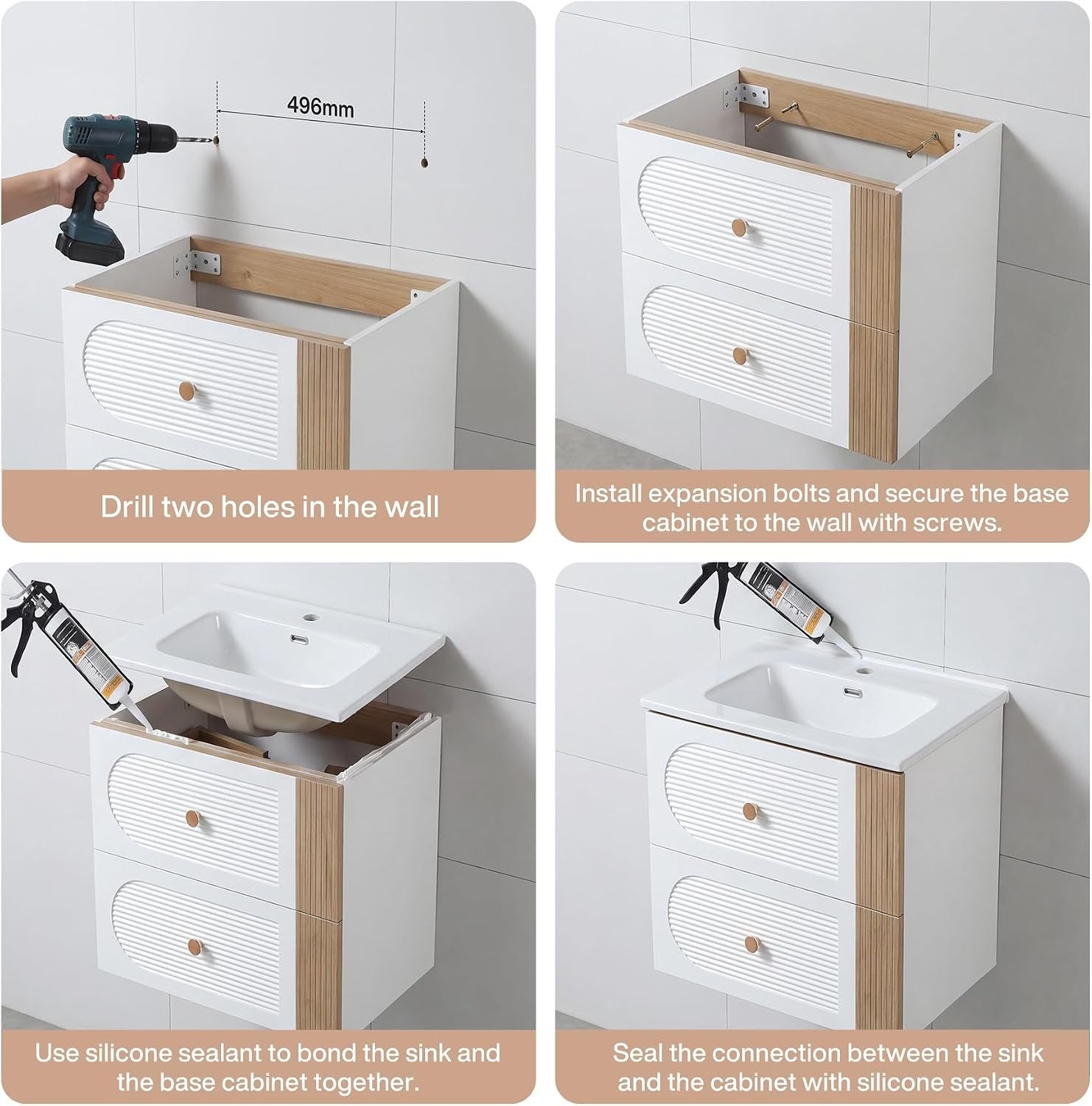 Tribesigns Meuble vasque avec lavabo en céramique 60 cm, Blanc Fixation murale, 2 tiroirs, aspect chêne clair