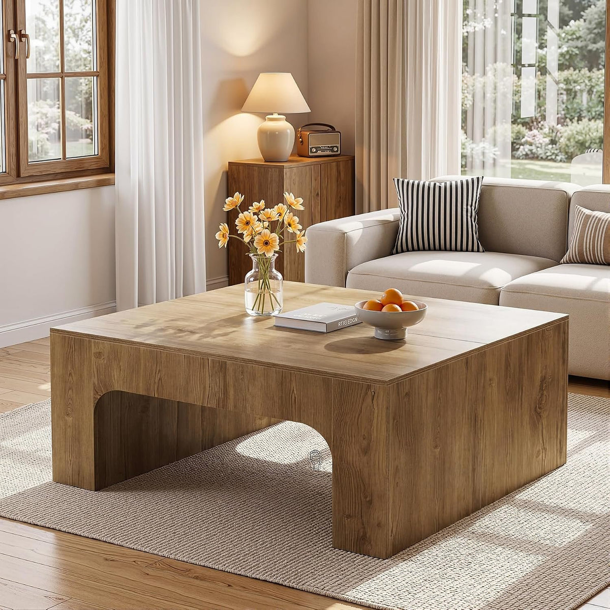 Tribesigns Table basse carrée de 100 cm, Grande table de salon style champêtre au design incurvé
