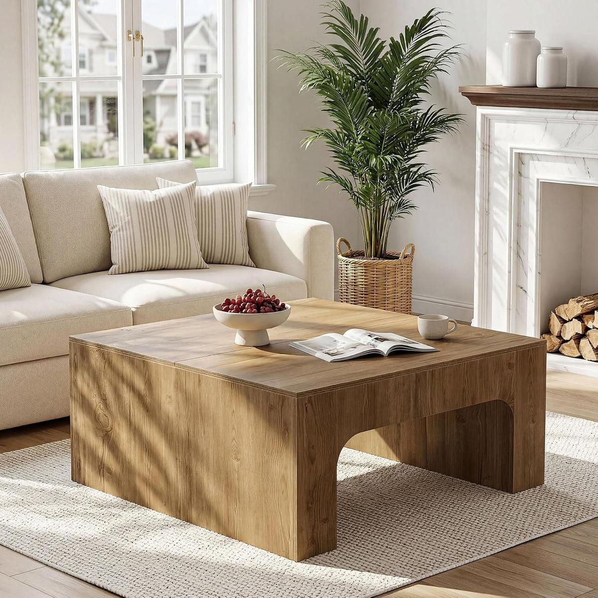 Tribesigns Table basse carrée de 100 cm, Grande table de salon style champêtre au design incurvé