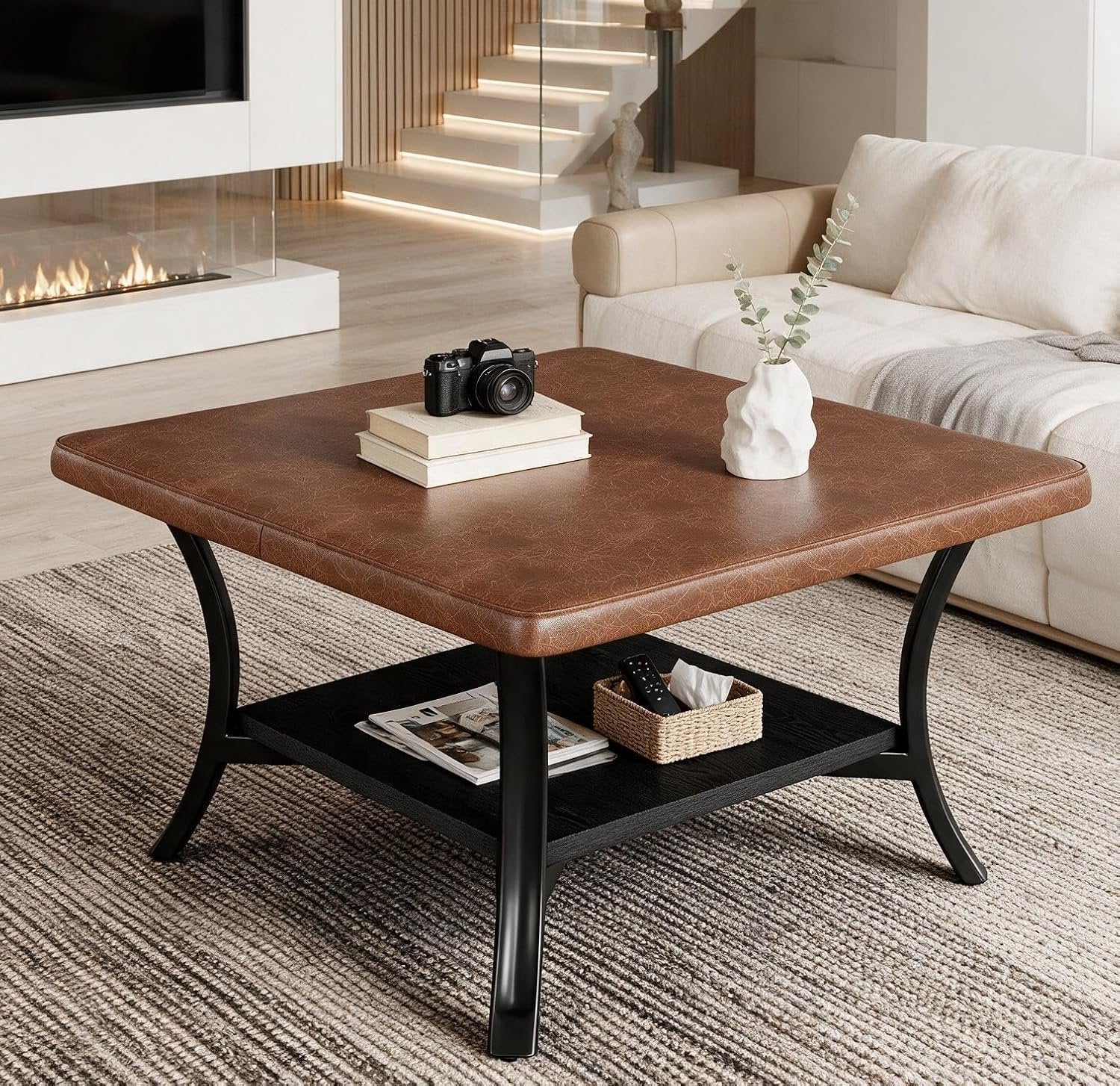 Tribesigns Table basse carrée pour salon, Revêtement en similicuir pouf rembourré avec étagère 80 cm