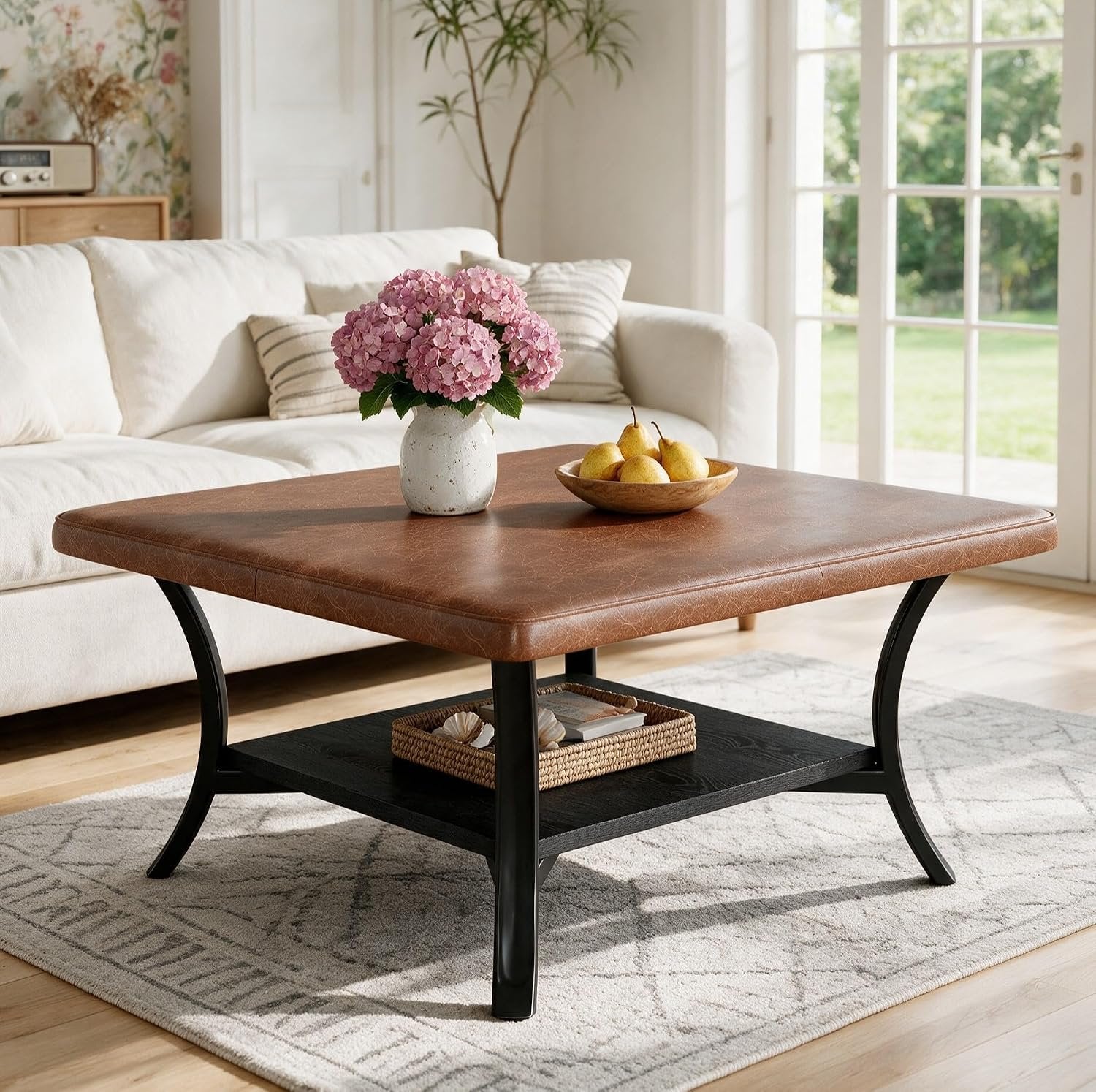 Tribesigns Table basse carrée pour salon, Revêtement en similicuir pouf rembourré avec étagère 80 cm