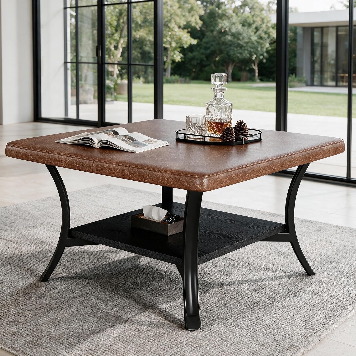 Tribesigns Table basse carrée pour salon, Revêtement en similicuir pouf rembourré avec étagère 80 cm