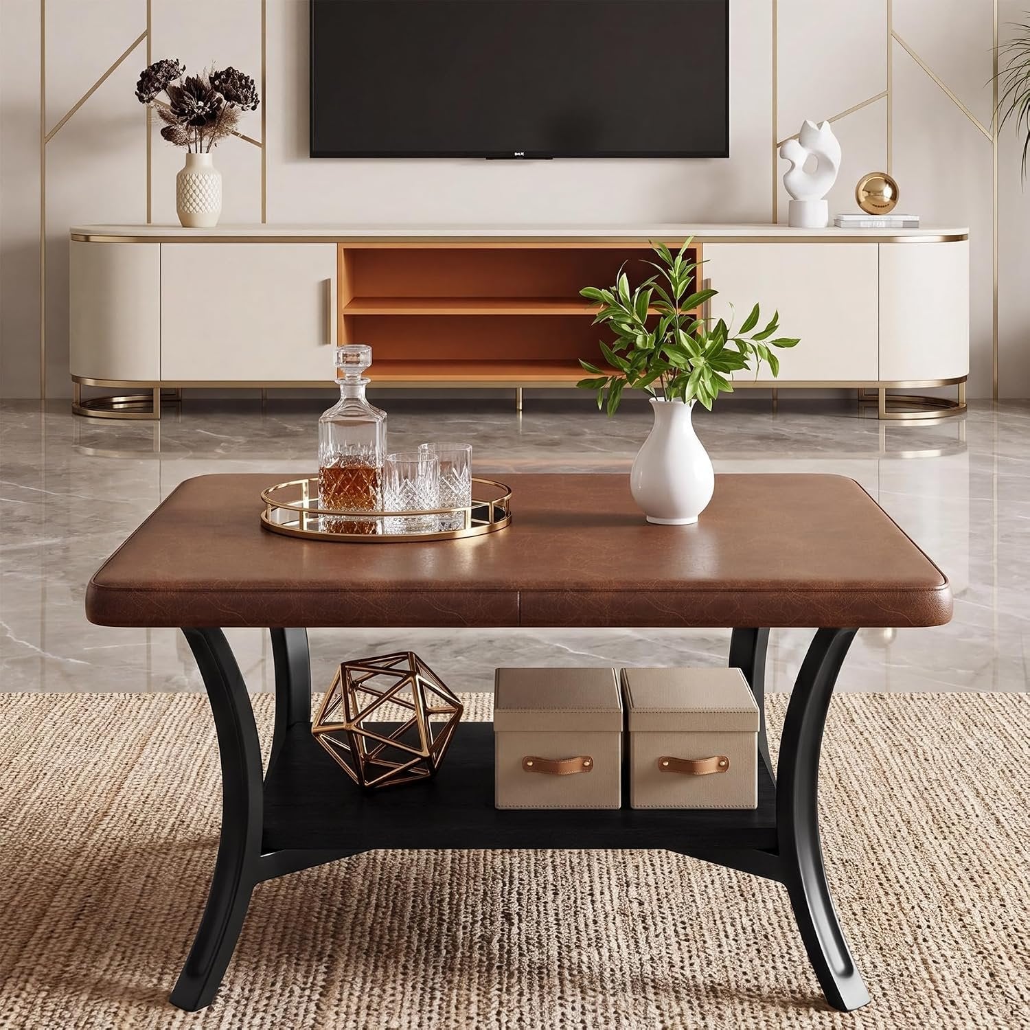 Tribesigns Table basse carrée pour salon, Revêtement en similicuir pouf rembourré avec étagère 80 cm