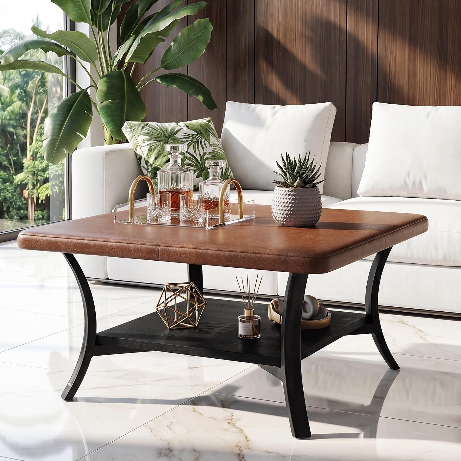 Tribesigns Table basse carrée pour salon, Revêtement en similicuir pouf rembourré avec étagère 80 cm