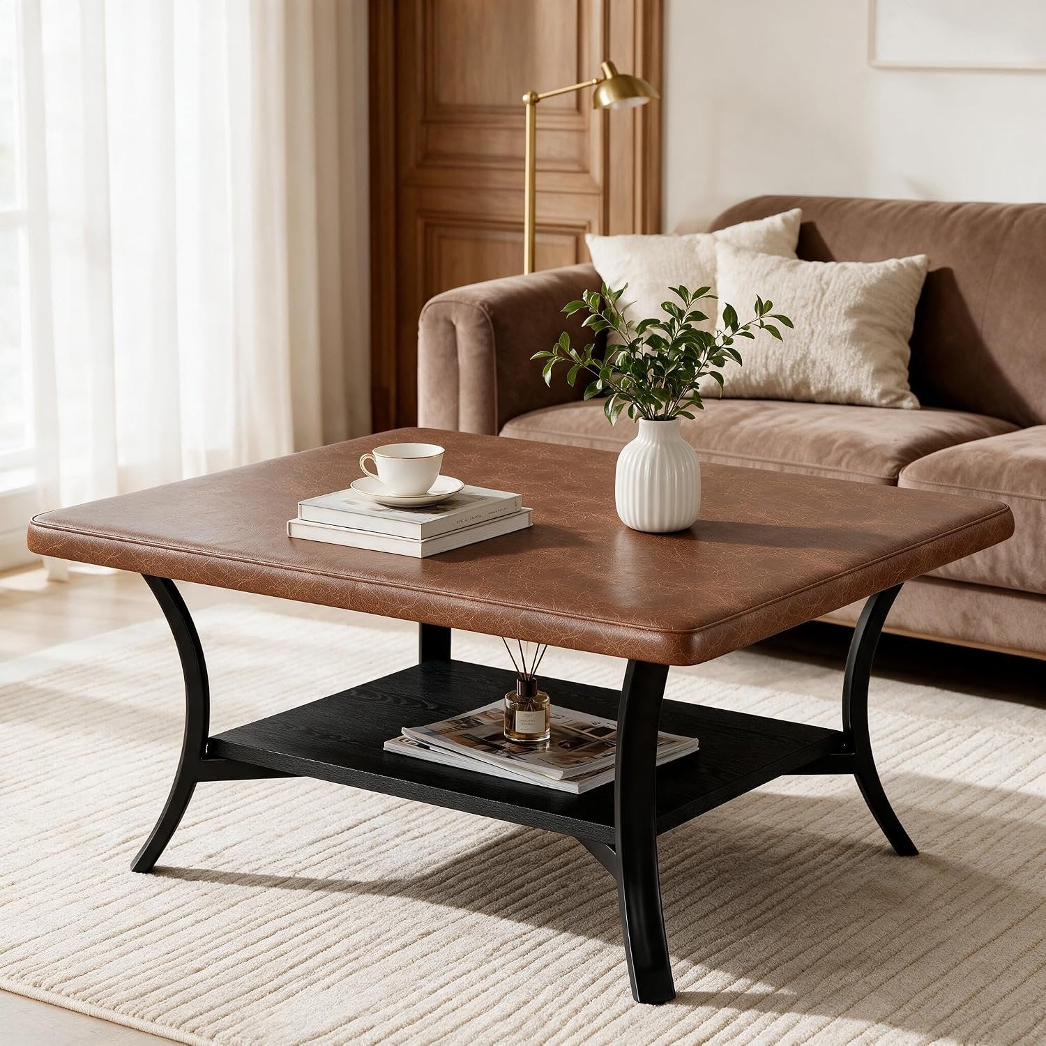 Tribesigns Table basse carrée pour salon, Revêtement en similicuir pouf rembourré avec étagère 80 cm
