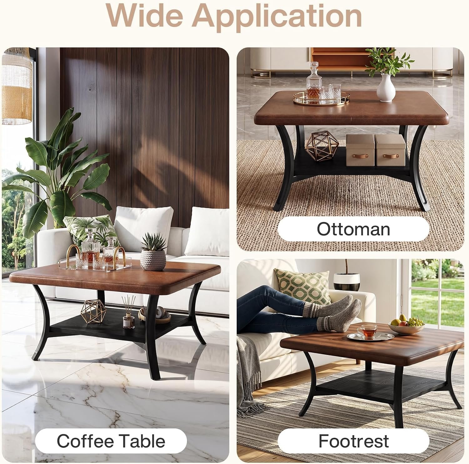 Tribesigns Table basse carrée pour salon, Revêtement en similicuir pouf rembourré avec étagère 80 cm