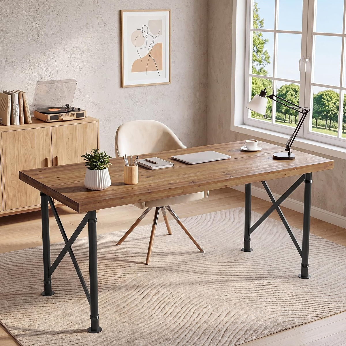 Bureau en bois massif 160 cm, Bureau d'ordinateur style industriel avec pieds en métal en X