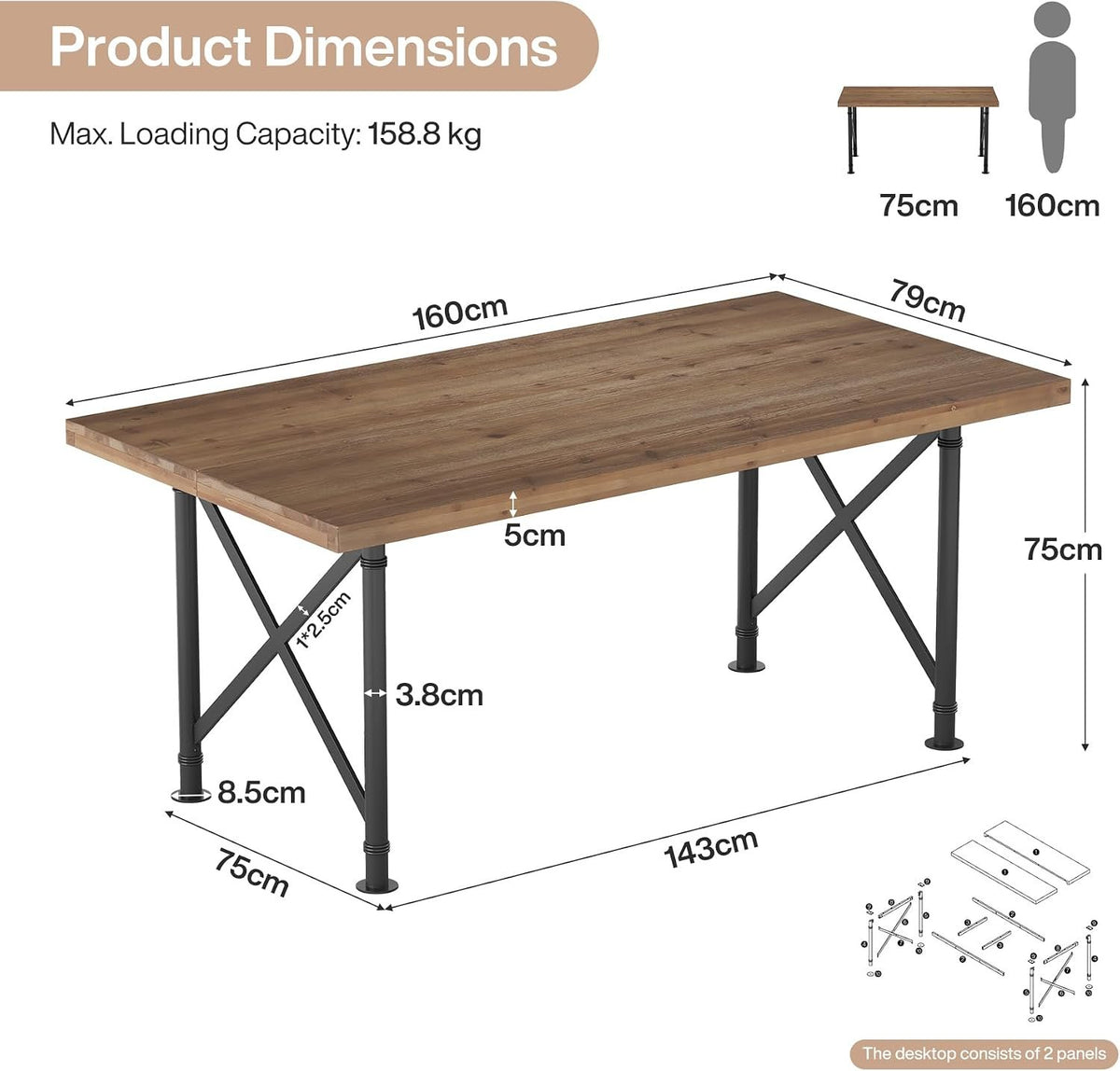 Bureau en bois massif 160 cm, Bureau d'ordinateur style industriel avec pieds en métal en X