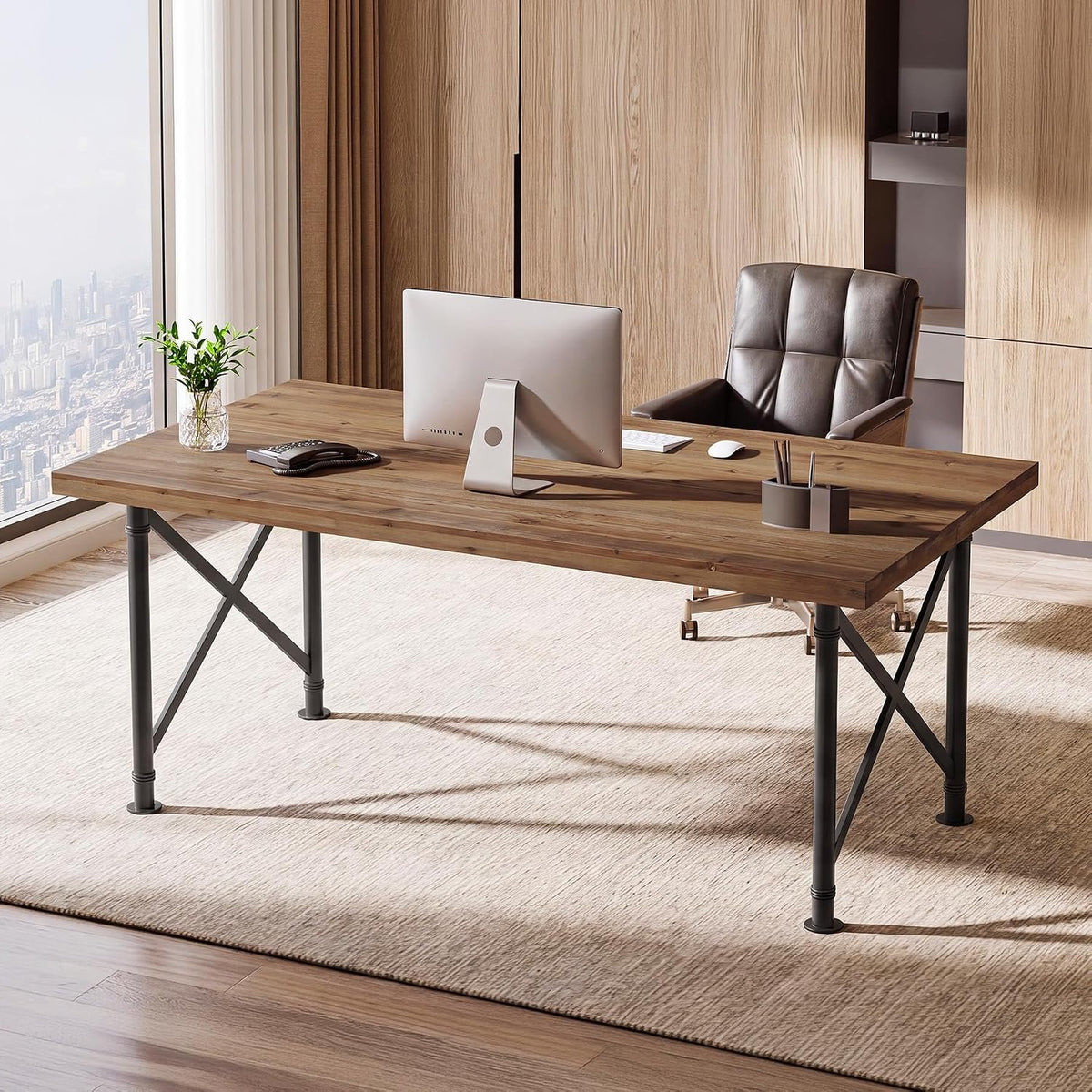 Bureau en bois massif 160 cm, Bureau d'ordinateur style industriel avec pieds en métal en X