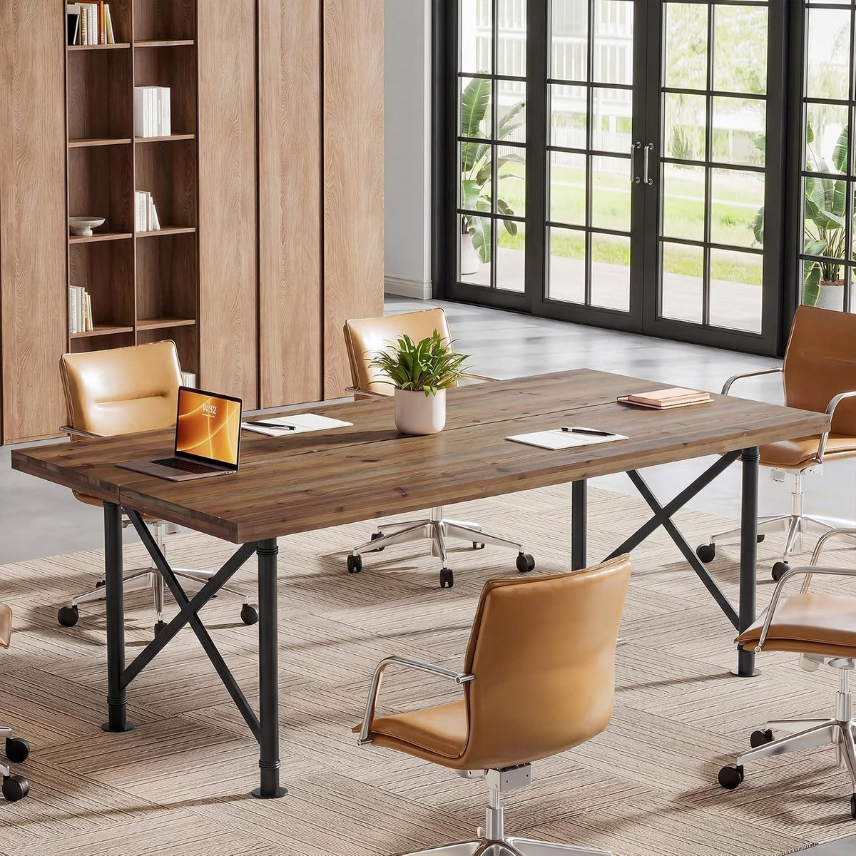 Bureau en bois massif 160 cm, Bureau d'ordinateur style industriel avec pieds en métal en X