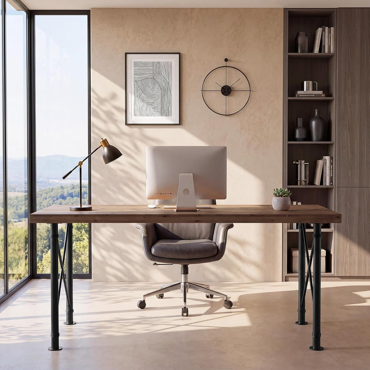 Bureau en bois massif 160 cm, Bureau d'ordinateur style industriel avec pieds en métal en X