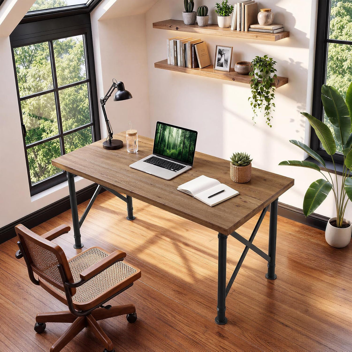 Bureau en bois massif 160 cm, Bureau d'ordinateur style industriel avec pieds en métal en X