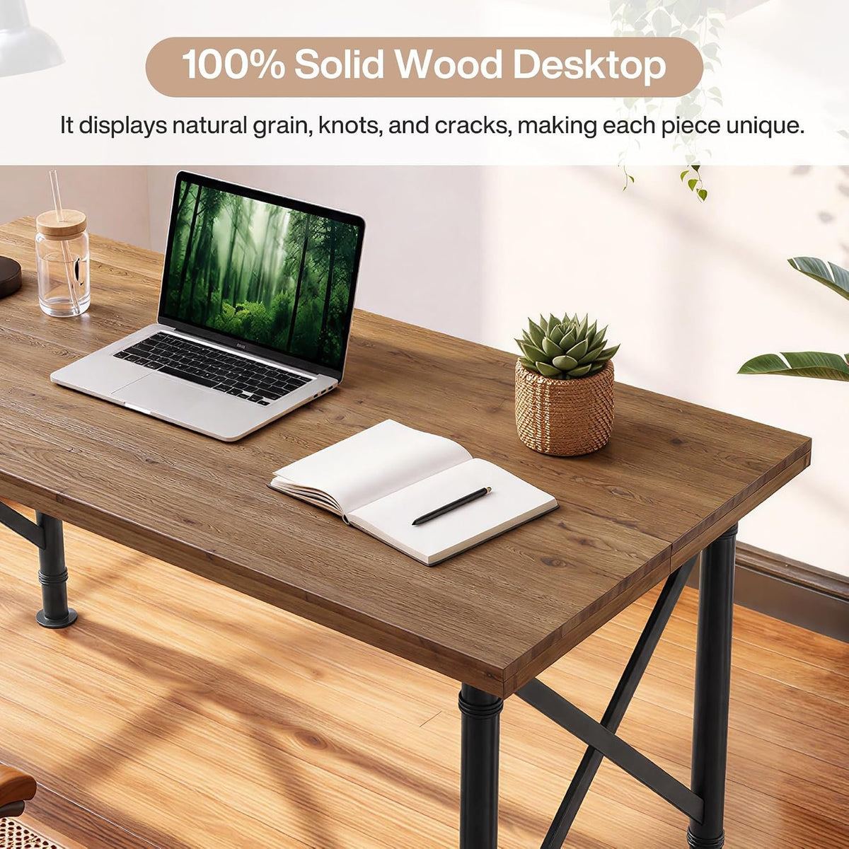 Bureau en bois massif 160 cm, Bureau d'ordinateur style industriel avec pieds en métal en X