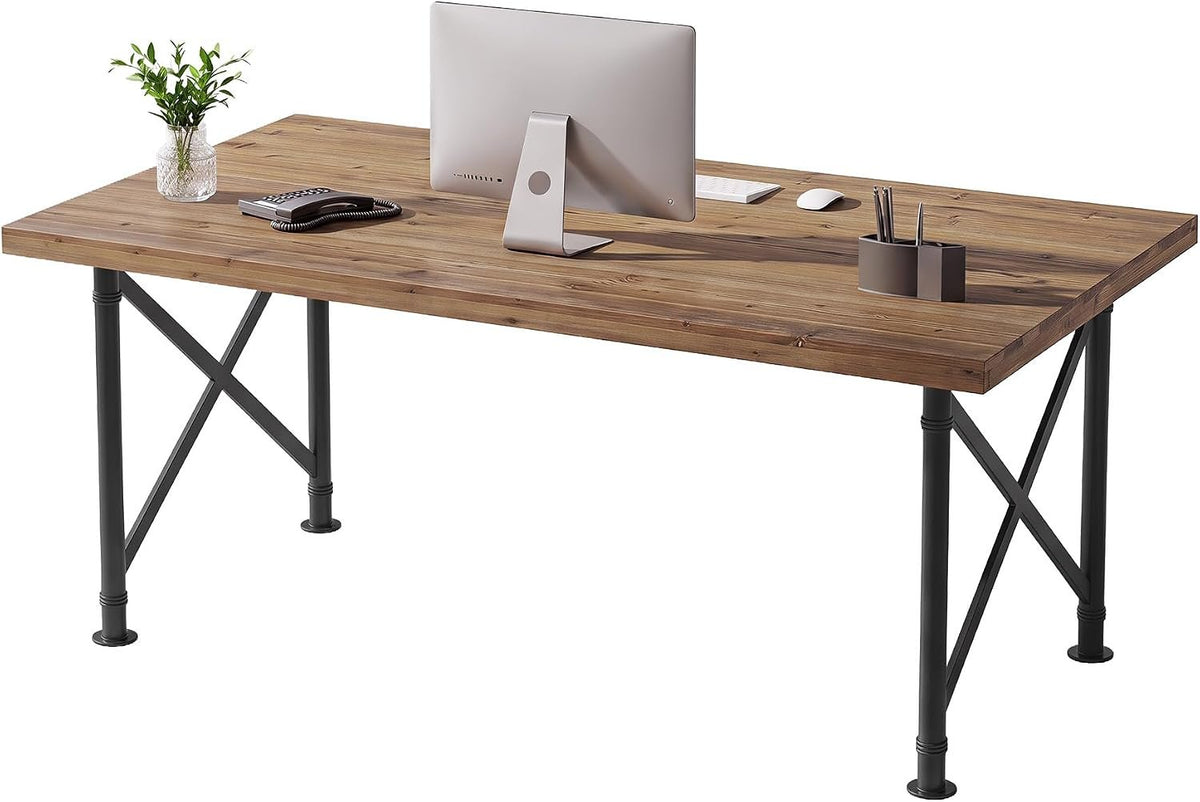 Bureau en bois massif 160 cm, Bureau d'ordinateur style industriel avec pieds en métal en X