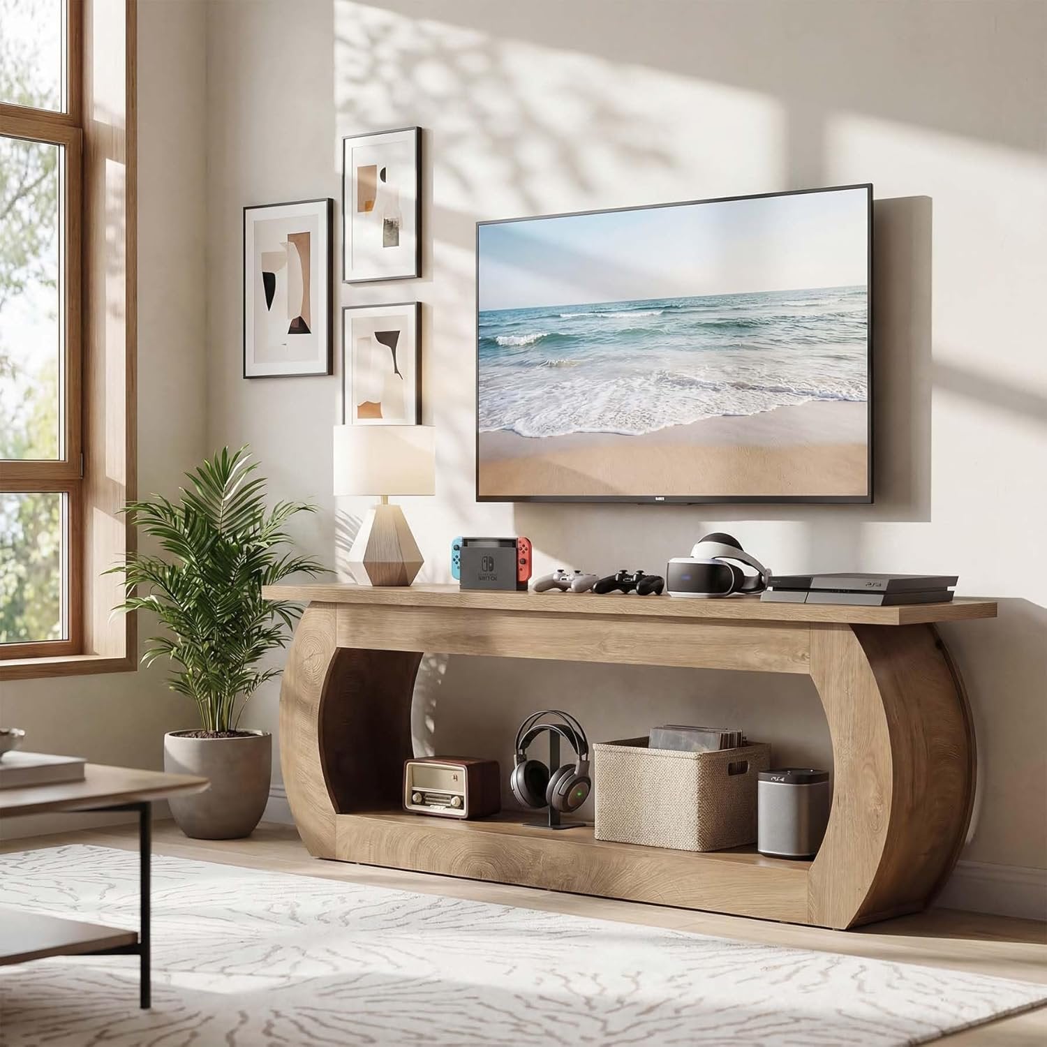 Tribesigns Meuble TV pour fauteuil TV de 165 cm, Centre multimédia en bois avec rangement, console TV de style champêtre