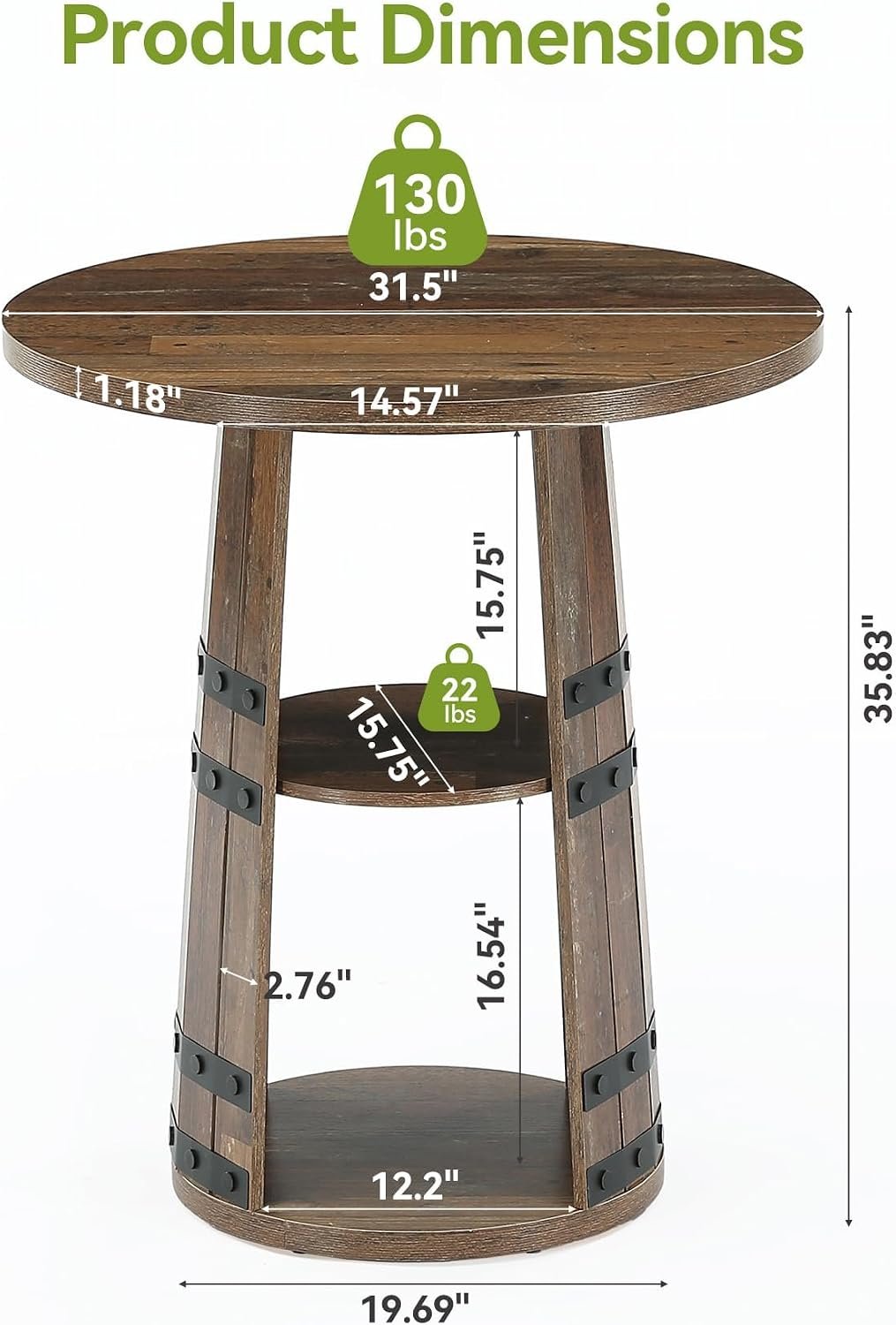 Tribesigns Table de bar ronde plateau de 90 cm de haut avec compartiment de rangement à 2 niveaux