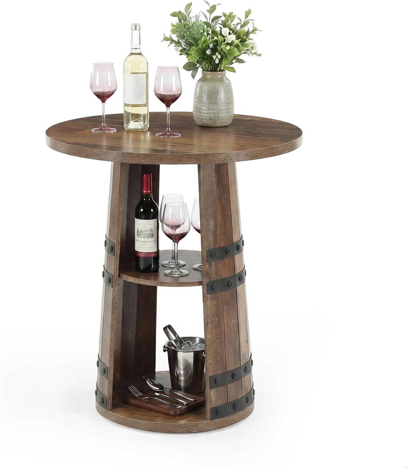 Tribesigns Table de bar ronde plateau de 90 cm de haut avec compartiment de rangement à 2 niveaux