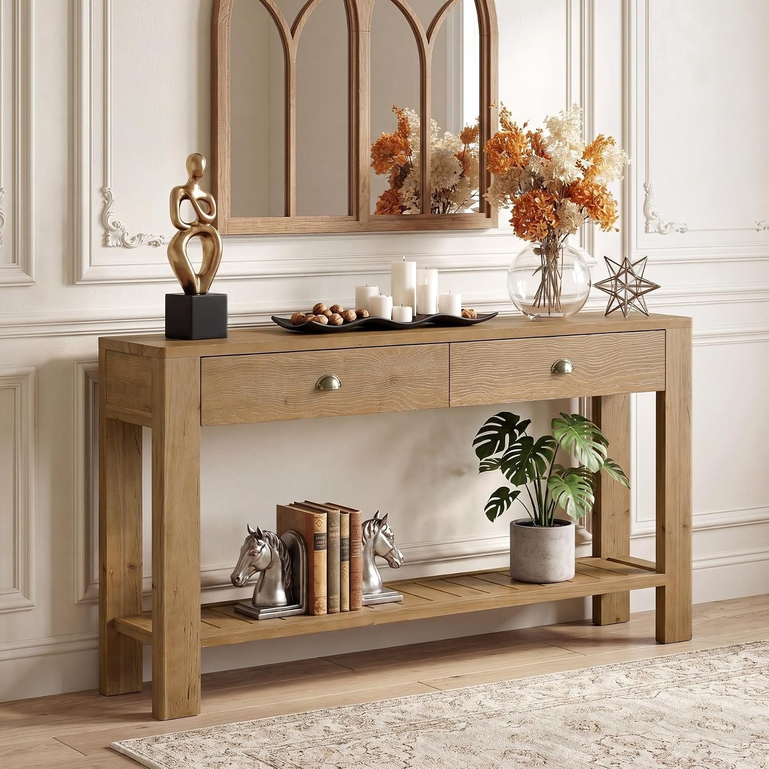 Console en bois massif de 140 cm avec 2 tiroirs, Table d'entrée avec rangement ouvert Table basse derrière le canapé