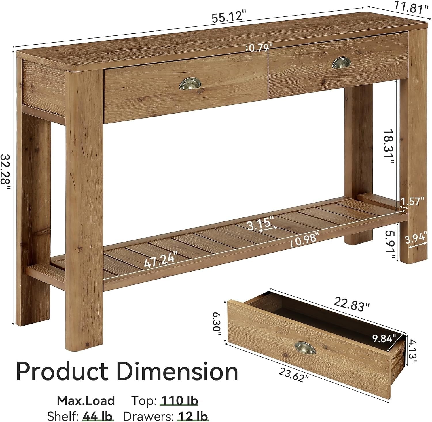 Console en bois massif de 140 cm avec 2 tiroirs, Table d'entrée avec rangement ouvert Table basse derrière le canapé