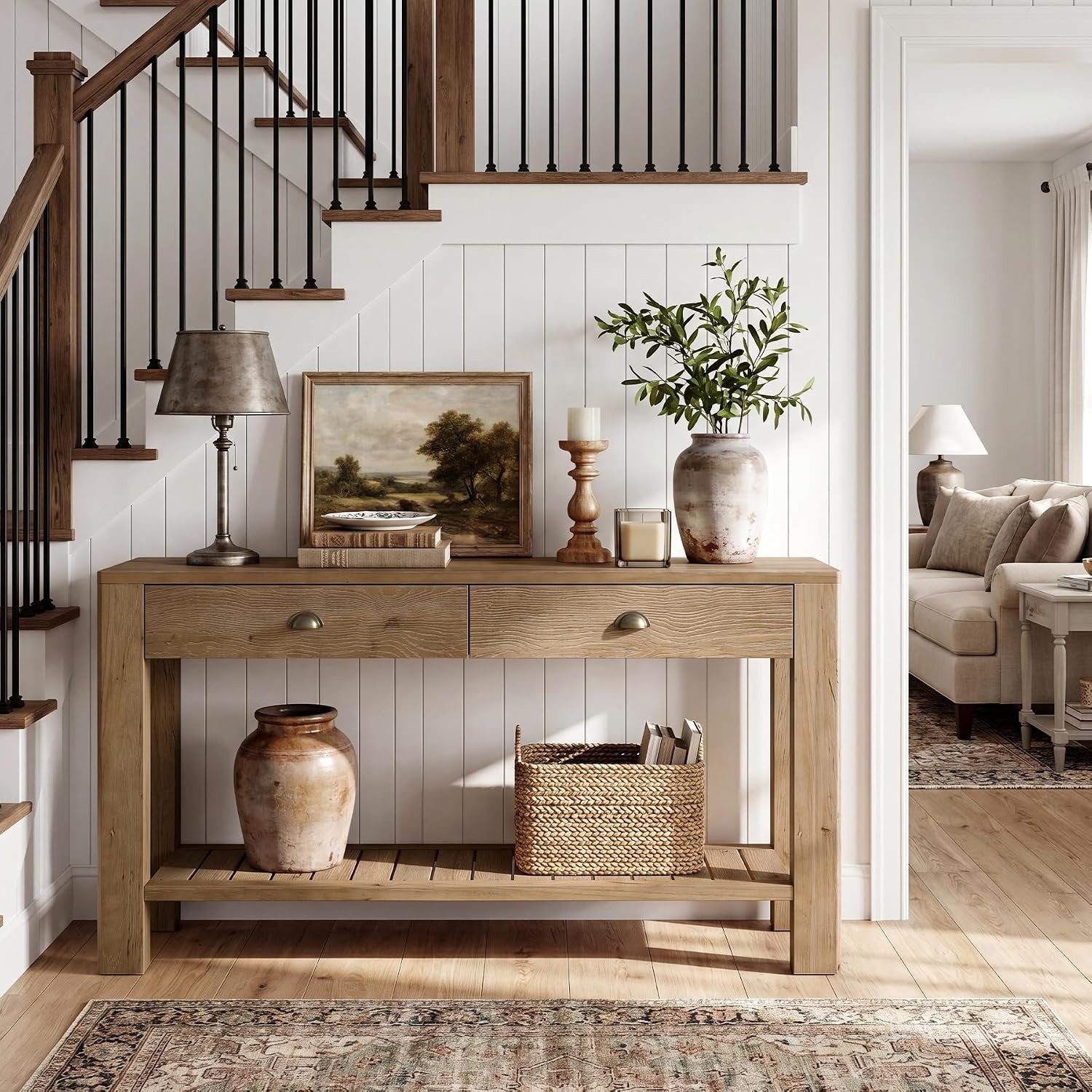 Console en bois massif de 140 cm avec 2 tiroirs, Table d'entrée avec rangement ouvert Table basse derrière le canapé