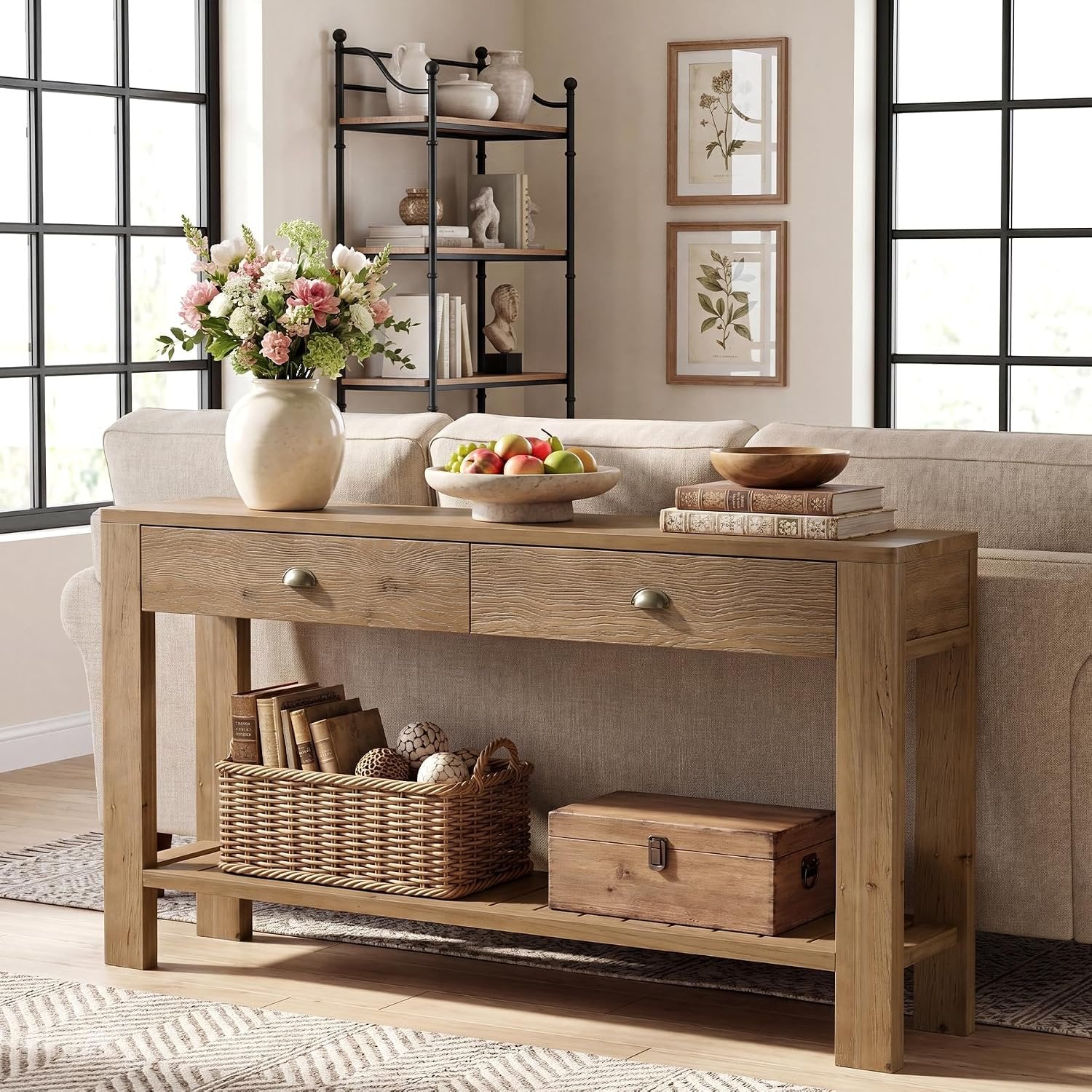 Console en bois massif de 140 cm avec 2 tiroirs, Table d'entrée avec rangement ouvert Table basse derrière le canapé