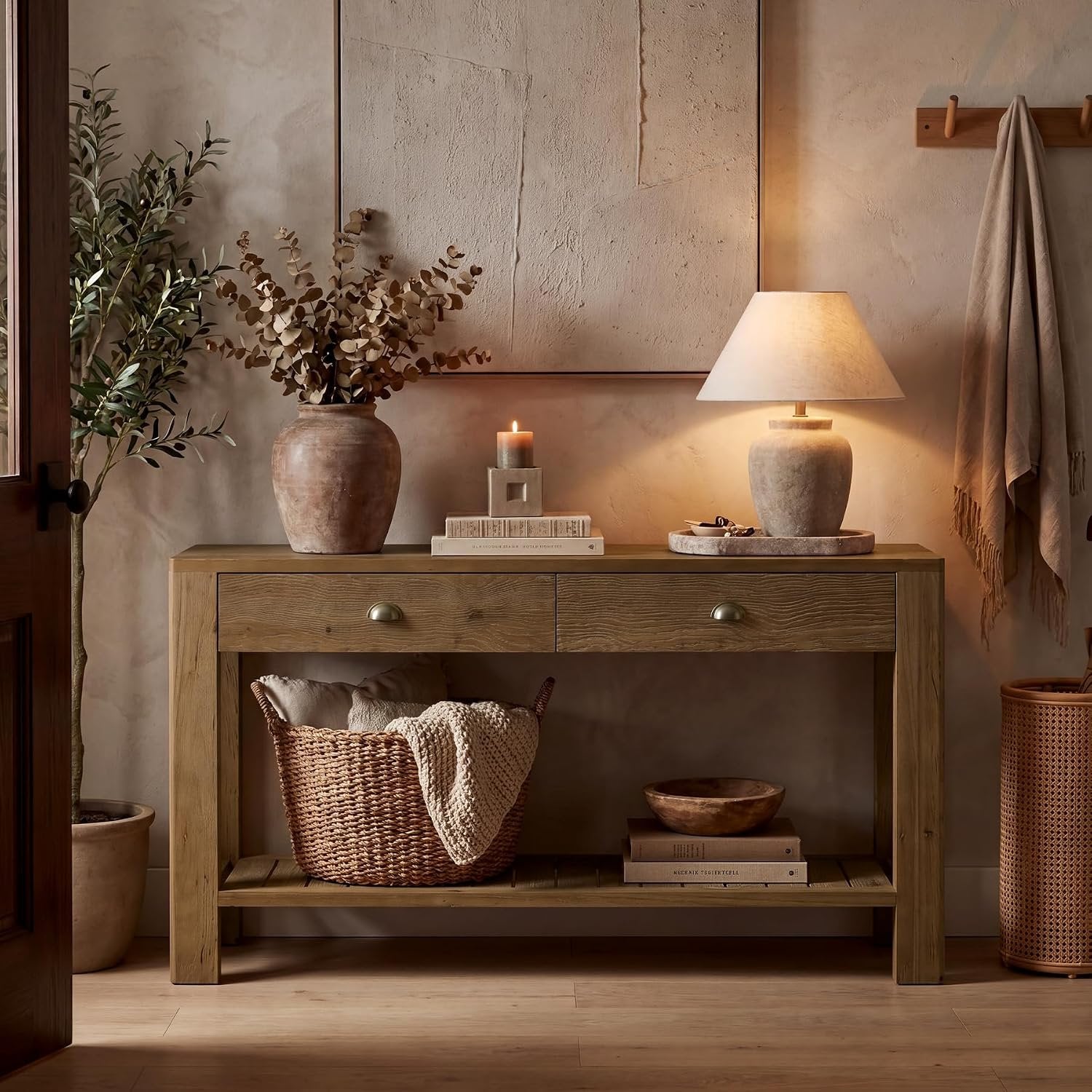 Console en bois massif de 140 cm avec 2 tiroirs, Table d'entrée avec rangement ouvert Table basse derrière le canapé