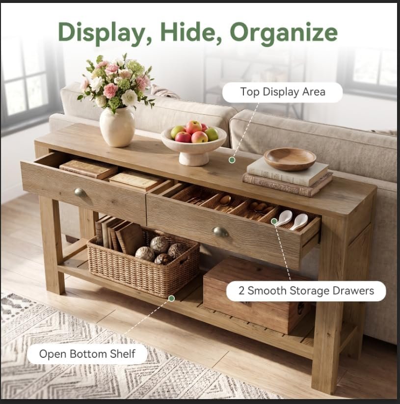 Console en bois massif de 140 cm avec 2 tiroirs, Table d'entrée avec rangement ouvert Table basse derrière le canapé