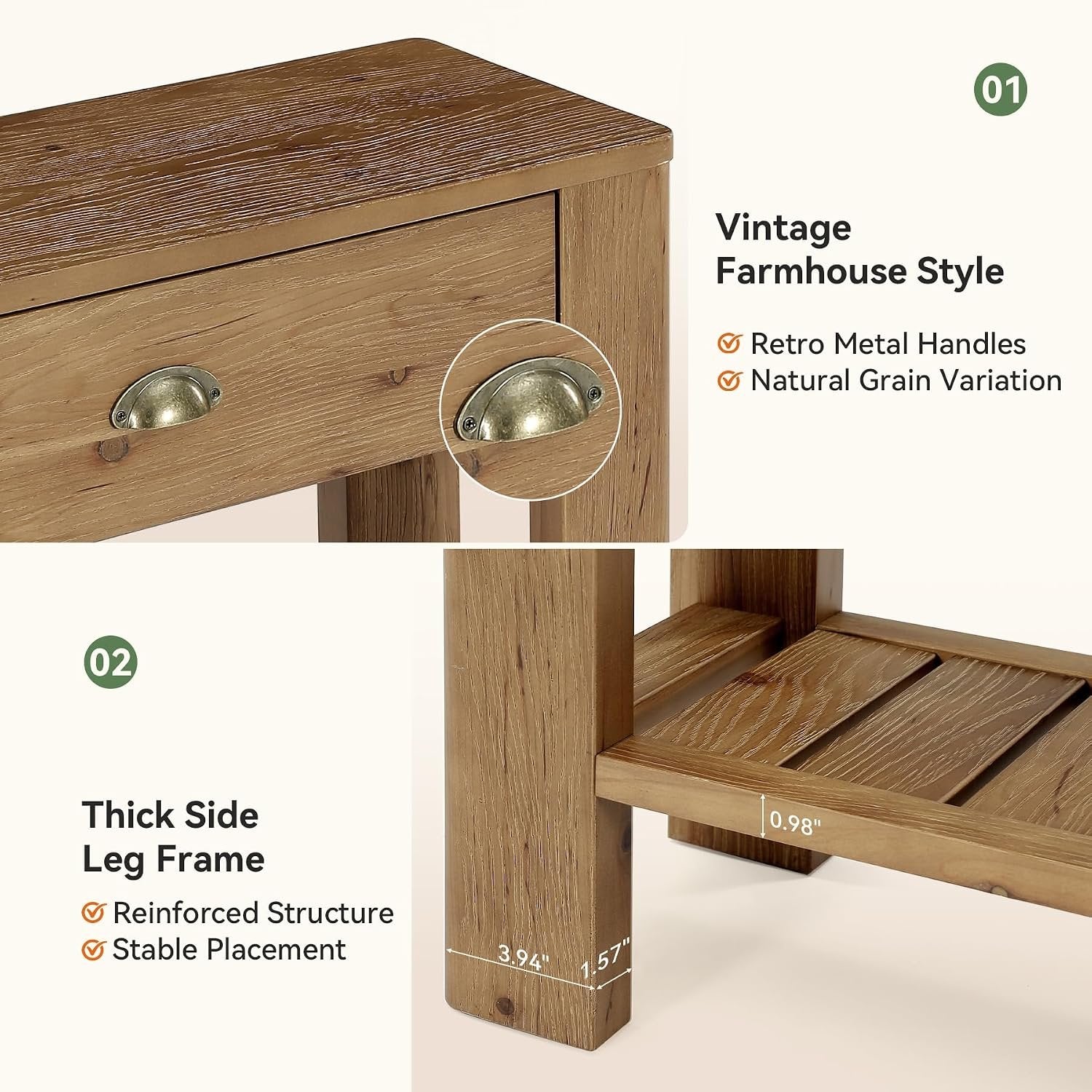 Console en bois massif de 140 cm avec 2 tiroirs, Table d'entrée avec rangement ouvert Table basse derrière le canapé
