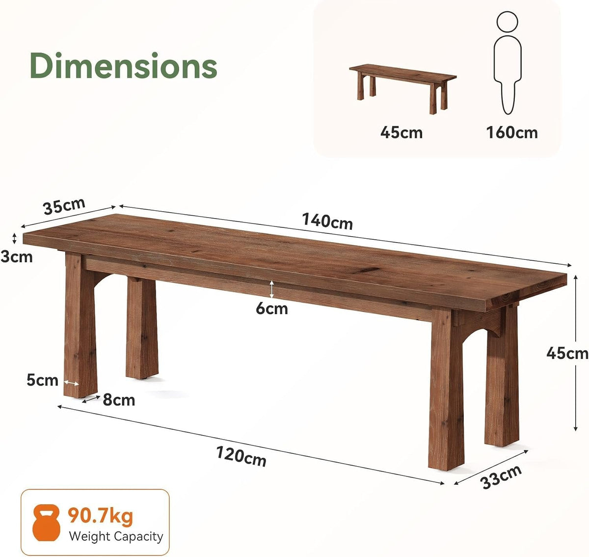 Tribesigns Banc en bois massif 140 cm, Banc d'entrée rustique de style maison de campagne