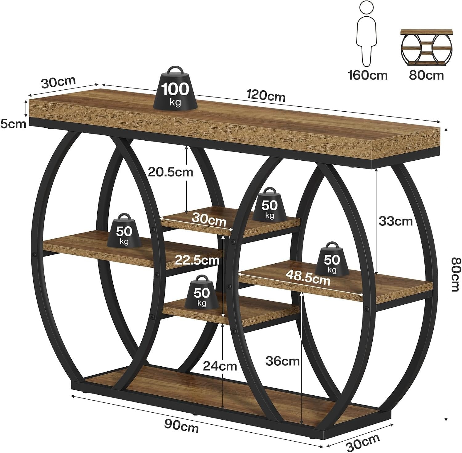 Tribesigns Console 120 cm style ferme, 4 niveaux, Table basse étroite style industriel pour salon, couloir, entrée
