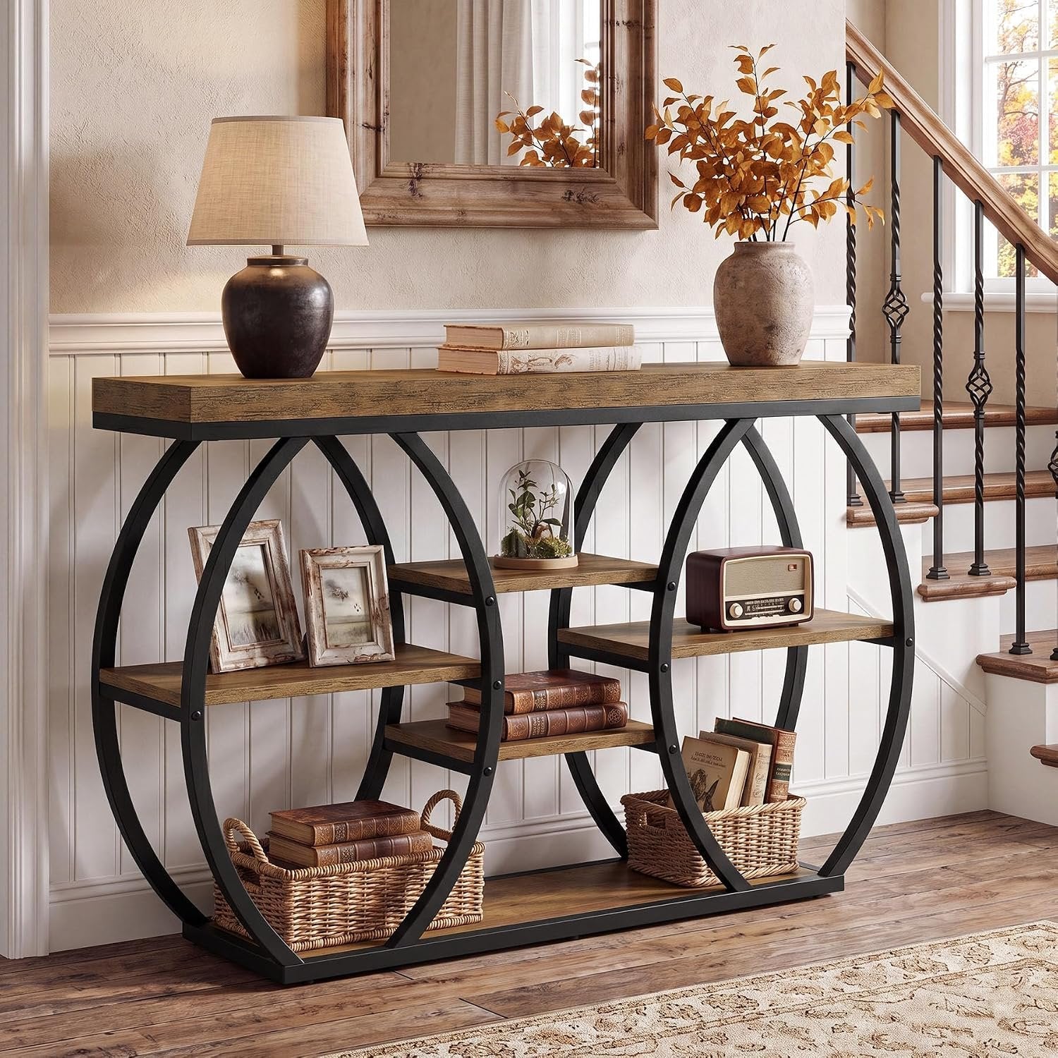 Tribesigns Console 120 cm style ferme, 4 niveaux, Table basse étroite style industriel pour salon, couloir, entrée