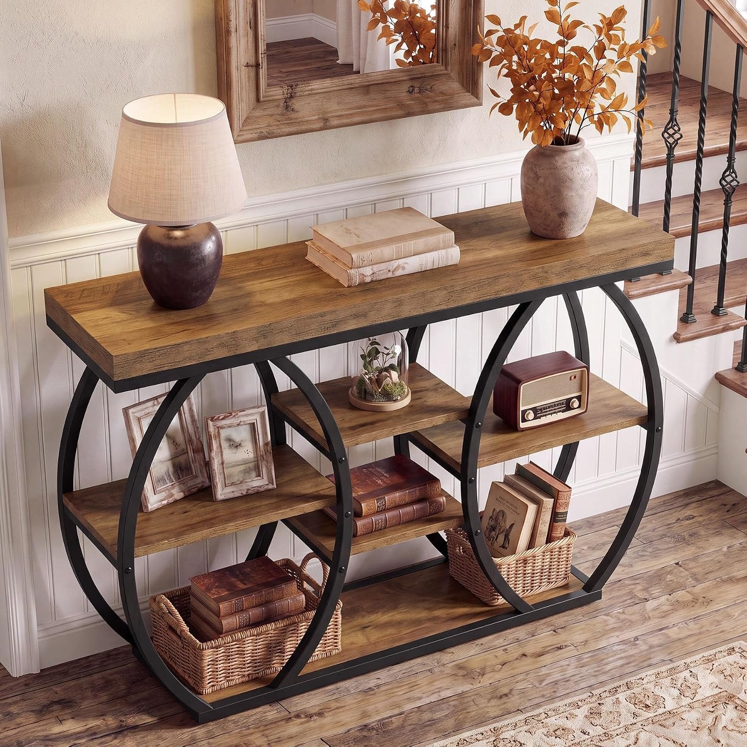 Tribesigns Console 120 cm style ferme, 4 niveaux, Table basse étroite style industriel pour salon, couloir, entrée