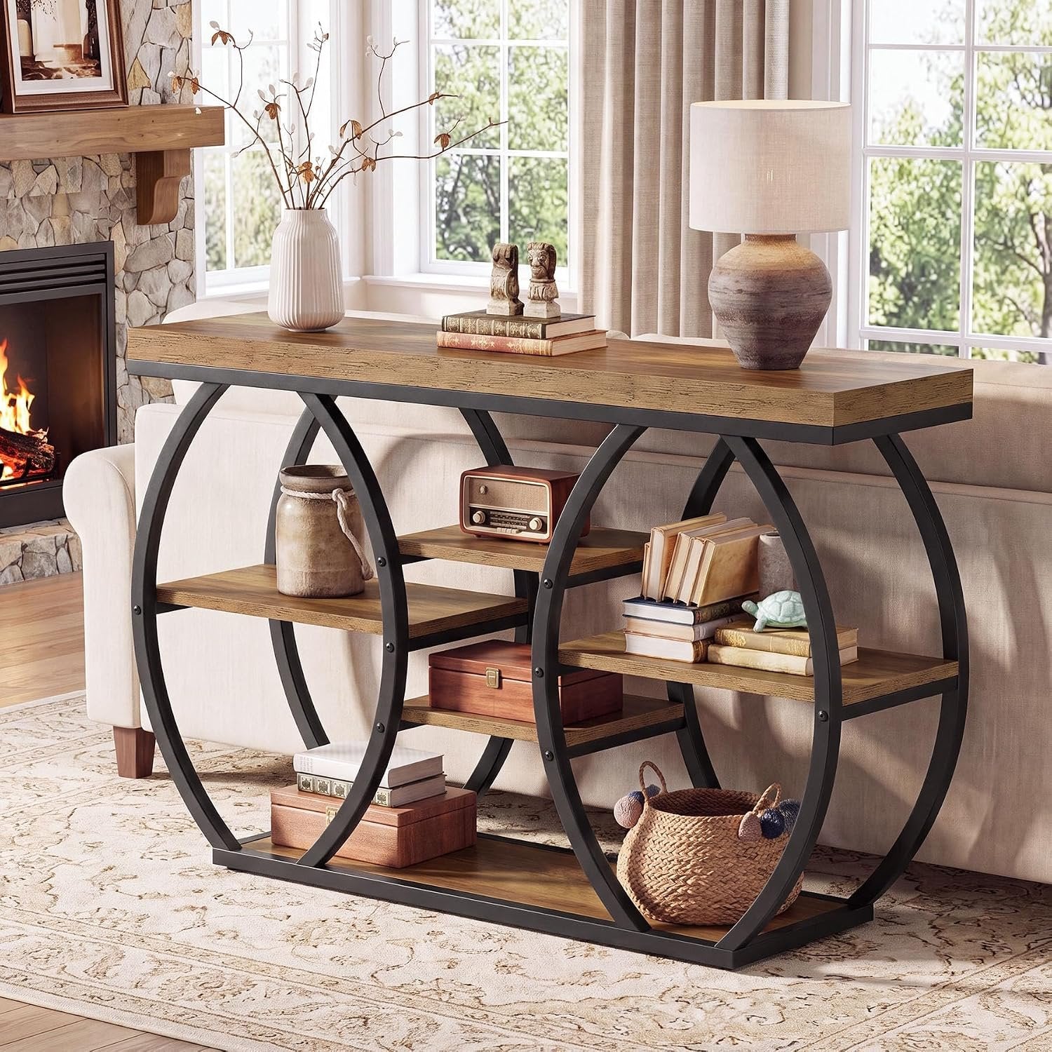 Tribesigns Console 120 cm style ferme, 4 niveaux, Table basse étroite style industriel pour salon, couloir, entrée