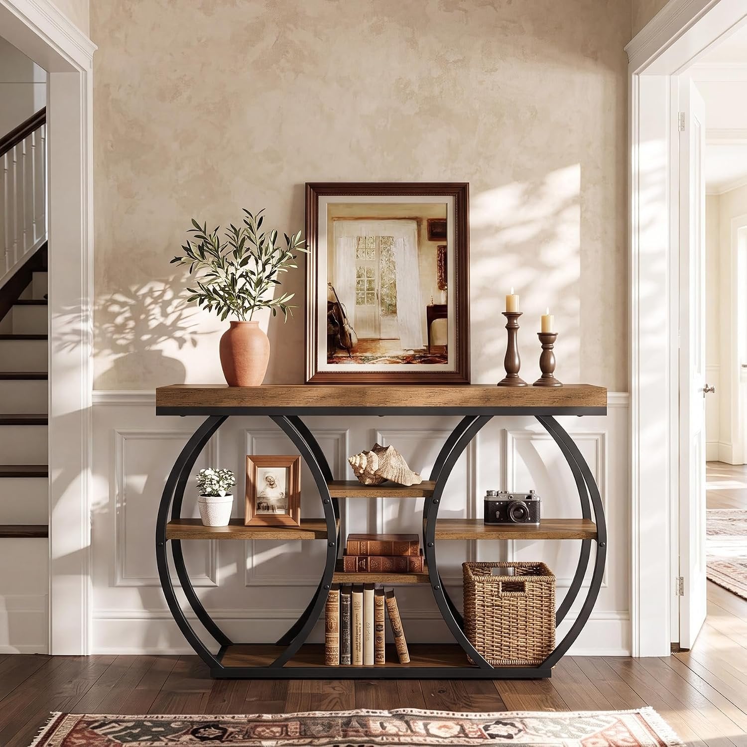 Tribesigns Console 120 cm style ferme, 4 niveaux, Table basse étroite style industriel pour salon, couloir, entrée