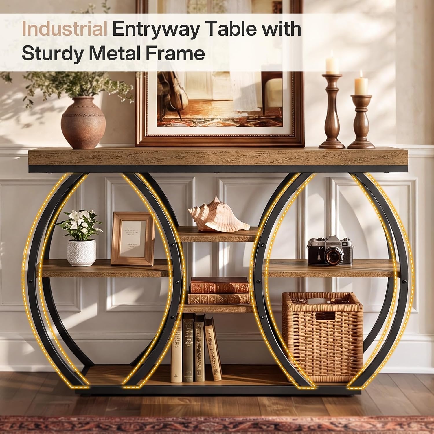 Tribesigns Console 120 cm style ferme, 4 niveaux, Table basse étroite style industriel pour salon, couloir, entrée