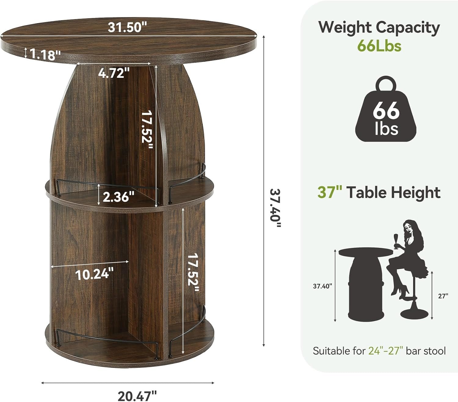 Tribesigns Table de bar ronde 95 cm de hauteur, Style bistro rustique avec compartiments de rangement ouverts, table haute en bois pour bar à domicile