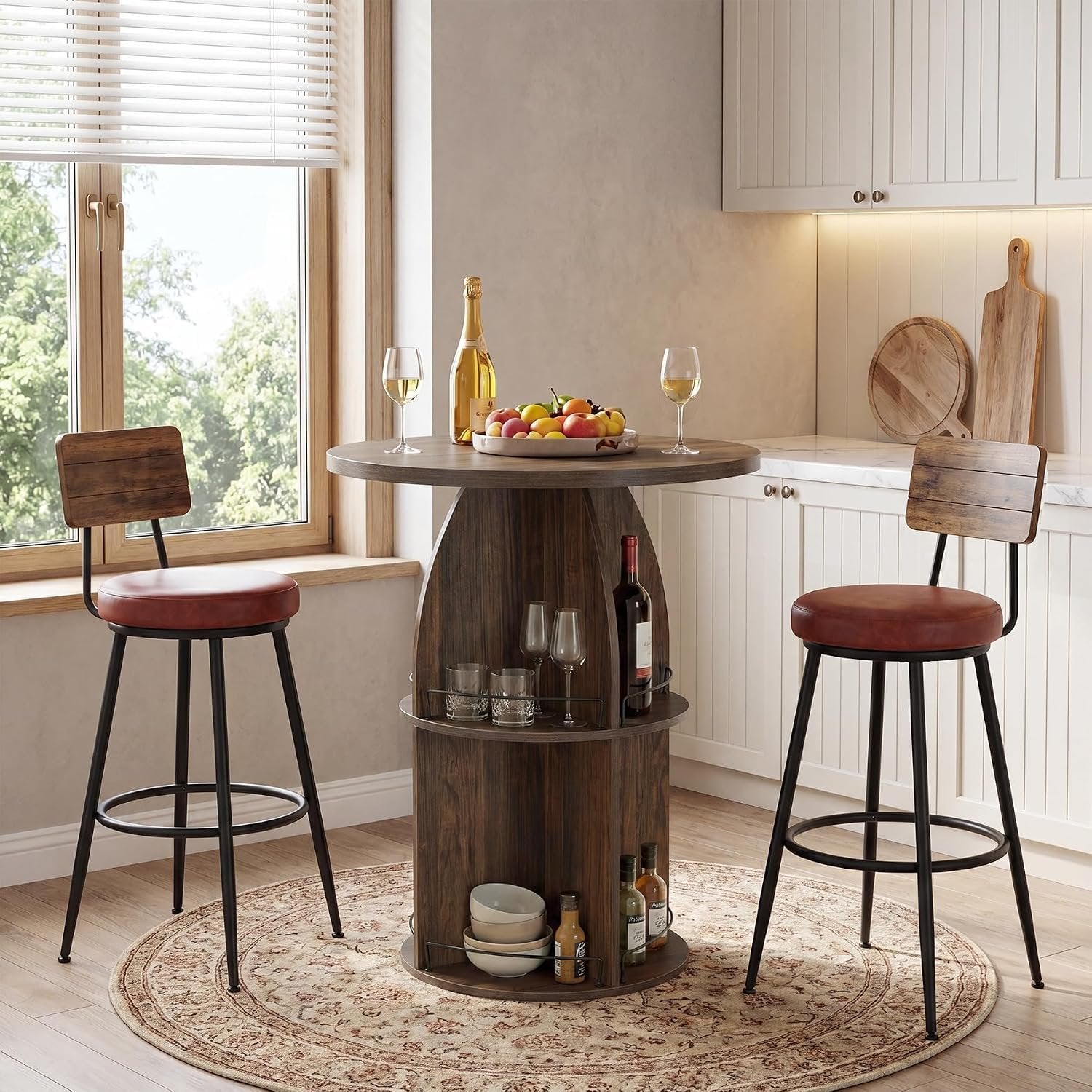 Tribesigns Table de bar ronde 95 cm de hauteur, Style bistro rustique avec compartiments de rangement ouverts, table haute en bois pour bar à domicile