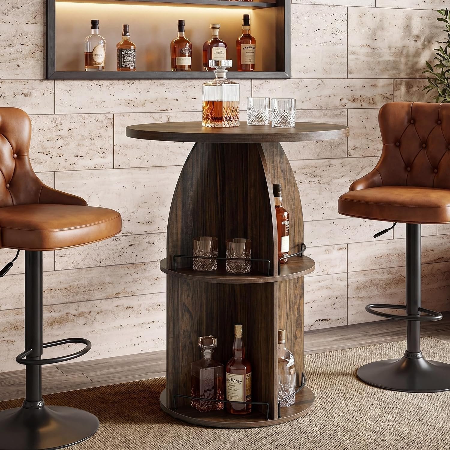 Tribesigns Table de bar ronde 95 cm de hauteur, Style bistro rustique avec compartiments de rangement ouverts, table haute en bois pour bar à domicile