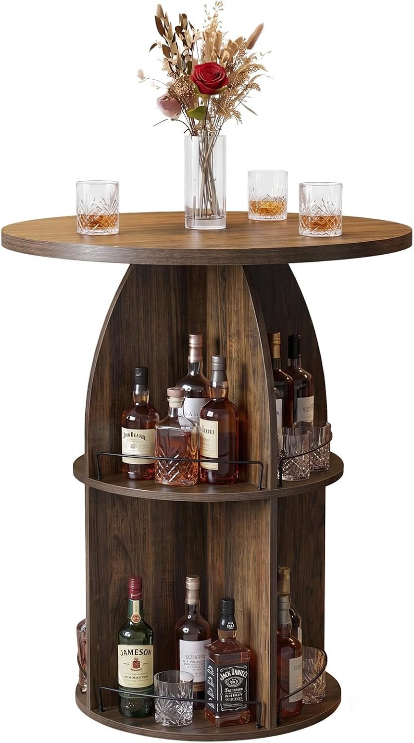 Tribesigns Table de bar ronde 95 cm de hauteur, Style bistro rustique avec compartiments de rangement ouverts, table haute en bois pour bar à domicile