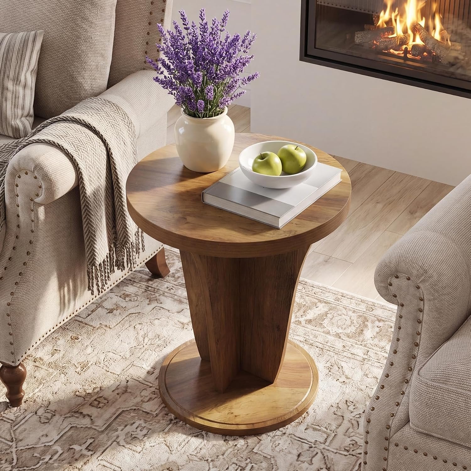 Tribesigns Table d'appoint ronde en bois pour salon, 50 cm de diamètre, Style champêtre, petite table de canapé marron